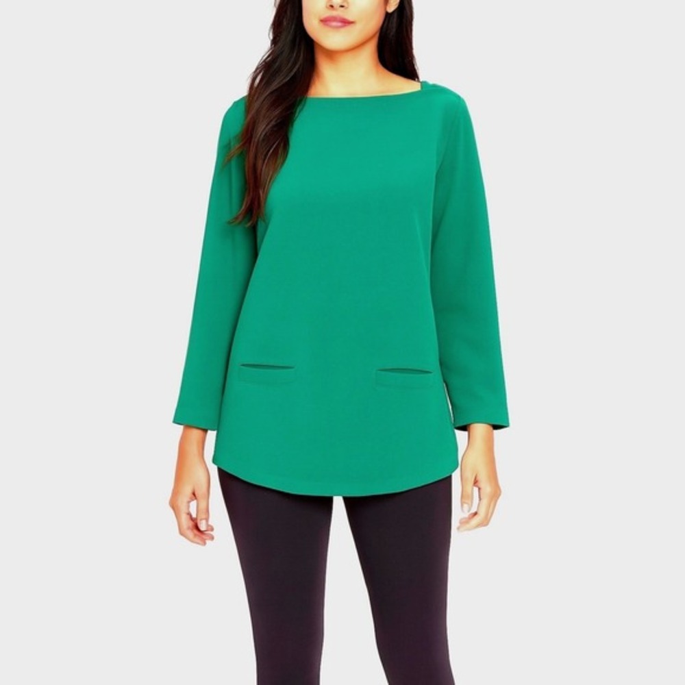 Ann Taylor Loft Green Boat Neck‎ Blouse 3/4 Sleeve MP Office Chic Preppy 49-23